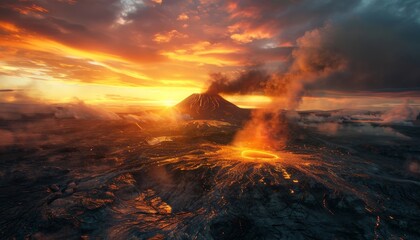 Fototapeta premium A volcanic landscape at sunrise, with smoke and ash billowing from a crater, casting an orange glow on the surrounding black lava fields 