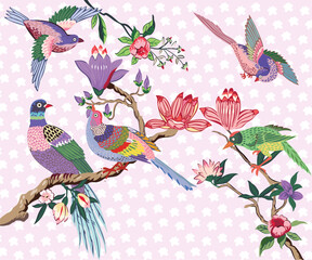 Antique Vintage Wallpaper with Flowers Parrots and Leaves Vector