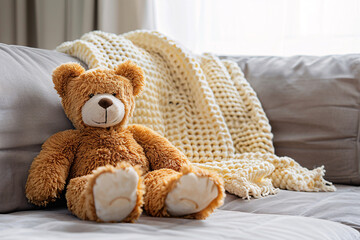 Teddy Bear on a sofa in the living room with copy space
