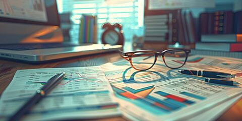 Close-up of a financial planner's desk with investment portfolios and retirement planning guides, representing a job in financial planning