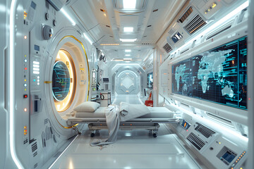 Futuristic Hospital Room with Genetic Code Patterns and Technology