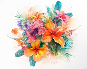 A whimsical watercolor illustration of a bouquet of exotic tropical flowers, their vibrant colors bleeding softly into a clean white background 