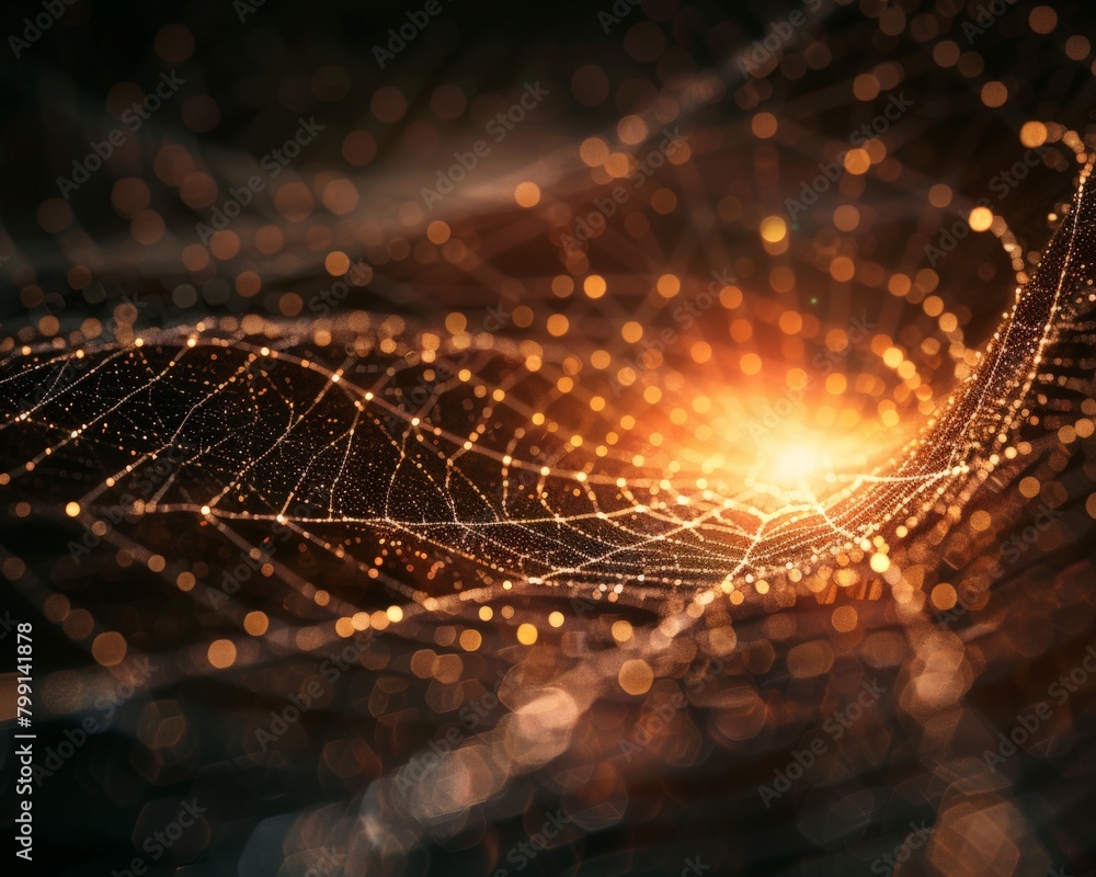 Aufkleber an abstract background resembling a spiderweb woven from light, with a single highlighted point glow