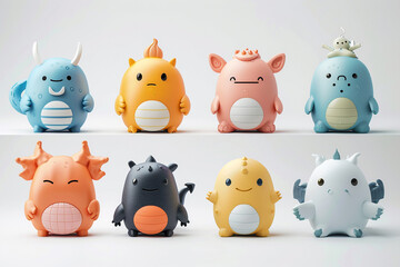 3D illustration of a set of cute and colorful blob-like creatures with simple facial features and various horns and wings