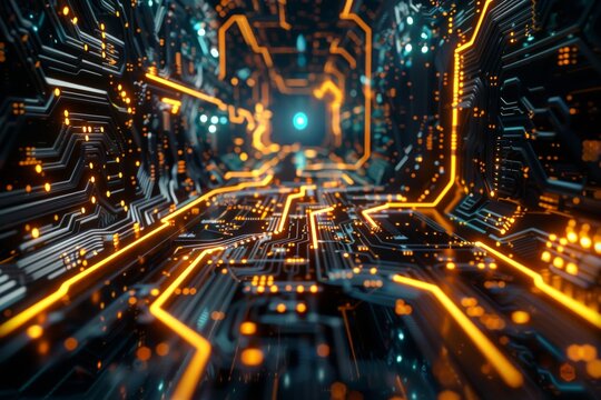 An abstract background resembling a circuit board with glowing pathways, forming a portal to another dimension 