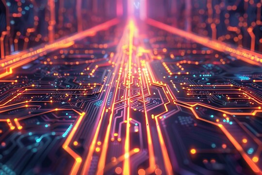 An abstract background resembling a circuit board with glowing pathways, forming a portal to another dimension 