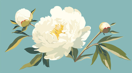Romantic white japanese peony with bud stem and lea
