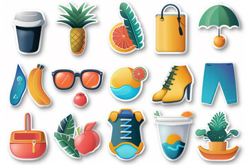 A variety of summer themed stickers including fruit, clothing, and beach items.