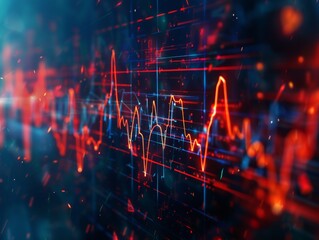 An abstract background resembling an EKG readout, pulsating with energy, serving as a backdrop for a fitness tracker advertisement 