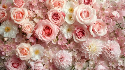 A harmonious blend of soft pink roses and white blossoms, creating a delicate and romantic floral tableau perfect for spring.