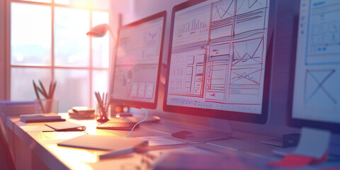 Close-up of a UX designer's desk with wireframes and user interface mockups, illustrating a job in user experience design