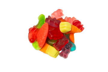 Assorted colorful gummy candies isolated on a white background. Top view. Jelly  sweets.