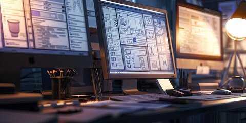 Close-up of a UX designer's desk with wireframes and user interface mockups, illustrating a job in user experience design