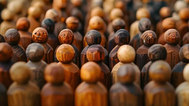 Diverse crowd of wooden figures symbolizing overpopulation and diversity in society. Concept Wooden Figures, Overpopulation, Diversity in Society, Symbolism, Social Issues
