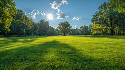 A large green lawn with trees in the background, a blue sky and the sun shining down on it. Created with Ai