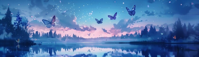 Craft a scene of robotic butterflies fluttering above a crystal-clear lake, reflecting a star-studded night sky, combining photorealism with dreamlike details in watercolor-inspired textures. 