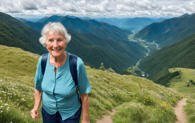 Fototapeta premium Upper body shot of an elderly lady traveler with a walking stick on a lush green mountain top, smiling.. AI generated.