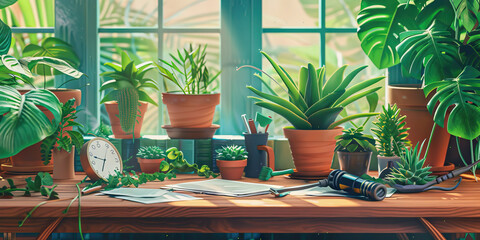 Close-up of a horticulturist's desk with plant specimens and gardening tools, representing a job in horticulture