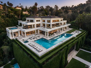Fototapeta na wymiar The standalone villa of Beverly Hills, built on the mountain, designed in a modern style, is a true billionaire's residence, living in a villa