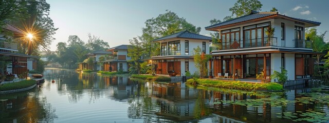 Climate Change Transformation: Serene Landscape with Submerged Buildings and Lush Plant Life