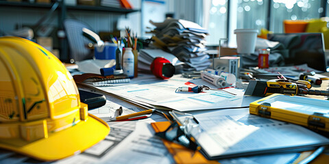 Fototapeta premium Close-up of a disaster response coordinator's desk with emergency plans and logistical documents, symbolizing a job in disaster response