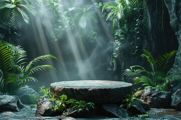 A stone podium in the jungle, misty light rays, tropical rainforest with ferns and rocks, product photography backdrop, photo studio background. Created with Ai