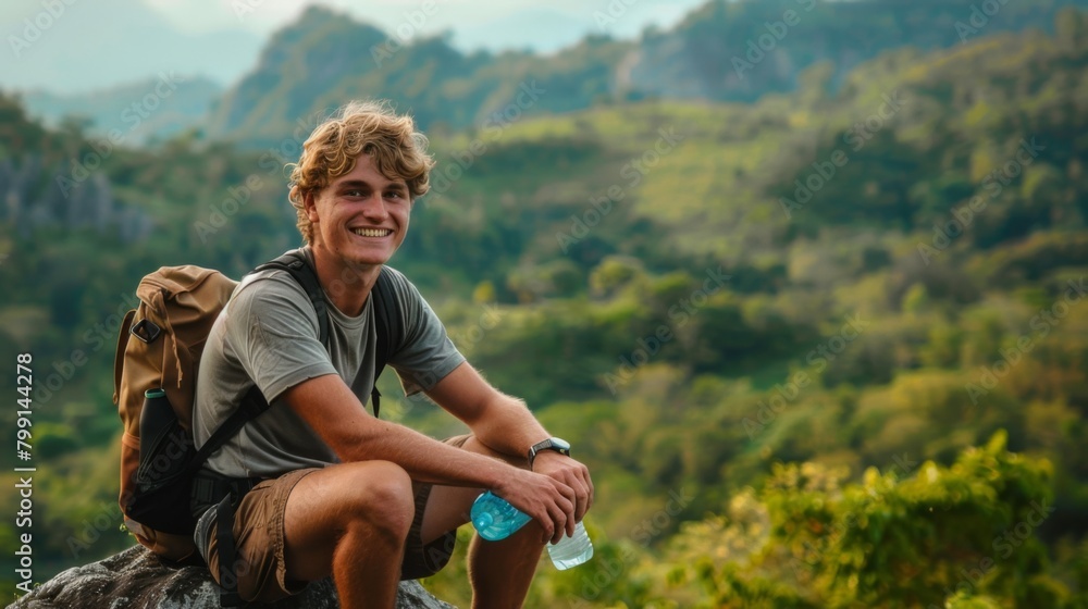 Sticker Smiling Hiker with a Backpack