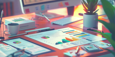 Close-up of a branding strategist's desk with brand identity guidelines and market research reports, symbolizing a job in branding strategy