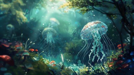 Jellyfish swim water near forest