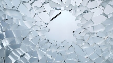 Shattered Glass Effect on Clean White Background: Abstract Concept of Fragmentation and Transparency in Visual Design
