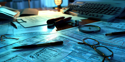 Close-up of a forensic accountant's desk with financial statements and fraud investigation reports, illustrating a job in forensic accounting