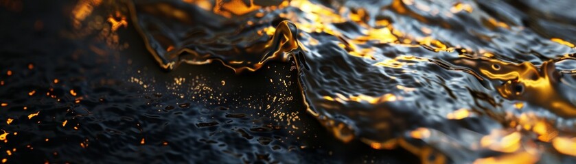 Molten gold flowing seamlessly into a smooth, black obsidian surface, creating a dynamic interplay of textures 