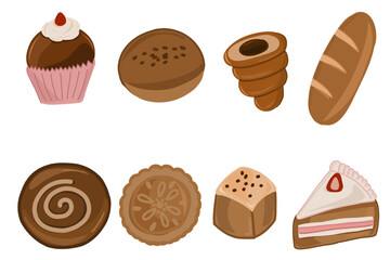 set of kinds of sweets, clipart of sweets with various flavors, pastry bread with fillings