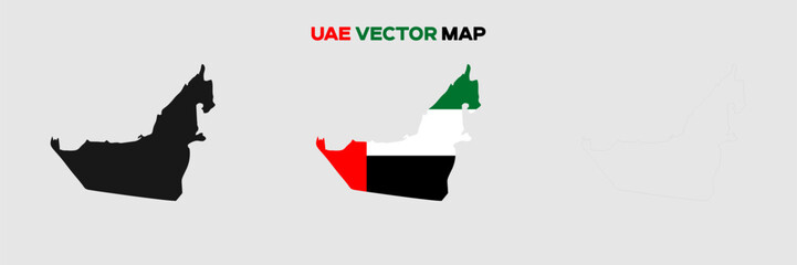 UAE Map Vector Pack. Map with Flag. Gray Map Silhouette. Gray Outline Map. Editable EPS file.