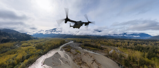 Military Aircraft flying over the Mountain Landscape. 3d Rendering. Background from BC, Canada © edb3_16
