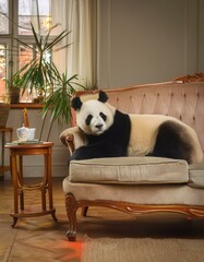 petit panda installé, allongé sur un canapé confortable en ia