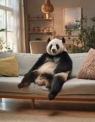 panda assis sur un canapé dans un salon cosy en ia