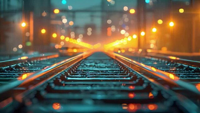 Closeup photo of symmetrical train tracks in bright city lighting. Concept Cityscape, Symmetry, Train Tracks, Urban, Bright Lighting