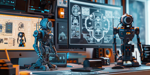 Close-up of a robotics engineer's desk with robot prototypes and circuit diagrams, showcasing a job in robotics engineering