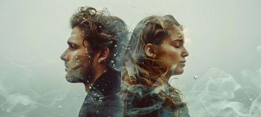 Double exposure image of a man and woman standing back to back looking downcast and sad