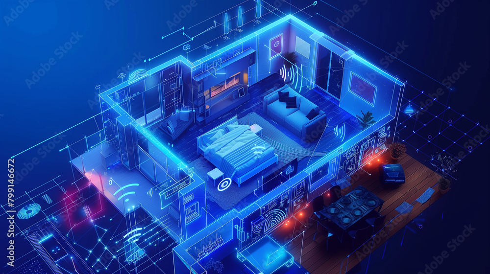 Poster a smart home where various devices communicate seamlessly with each other via the iot network.