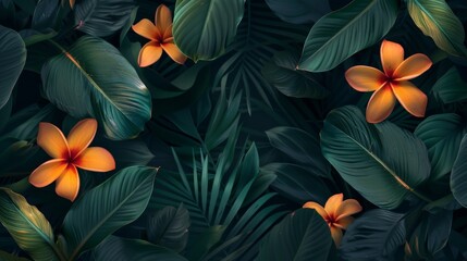 Tropical foliage and flowers on a dark backdrop