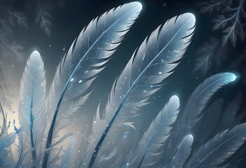 Blue, white feathers with droplets, frozen, giving the impression of a winter scene, Generative AI.