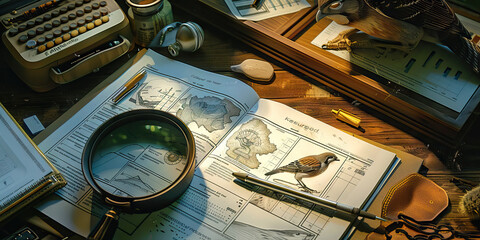 Close-up of a wildlife biologist's desk with field research notes and animal tracking data, illustrating a job in wildlife biology