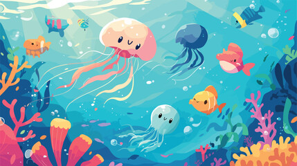 Fototapeta na wymiar Scandinavian card design cute jellyfishes and inspi
