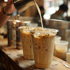 Barista pouring milk into cup of coffee - obrazy, fototapety, plakaty