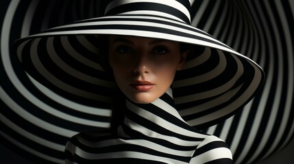 Black and white striped pattern portrait of a woman wearing a large hat