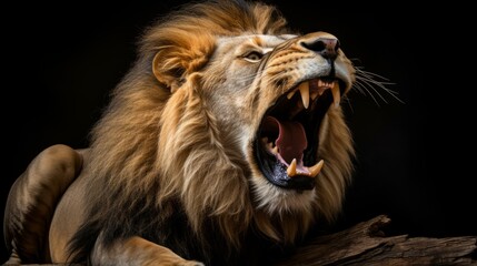 Fototapeta premium Close-up of a male lion roaring with its mouth wide open and teeth bared