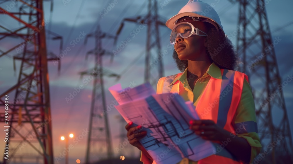 Wall mural Female Engineer with Construction Blueprints.