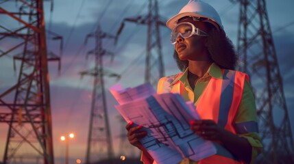 Female Engineer with Construction Blueprints.